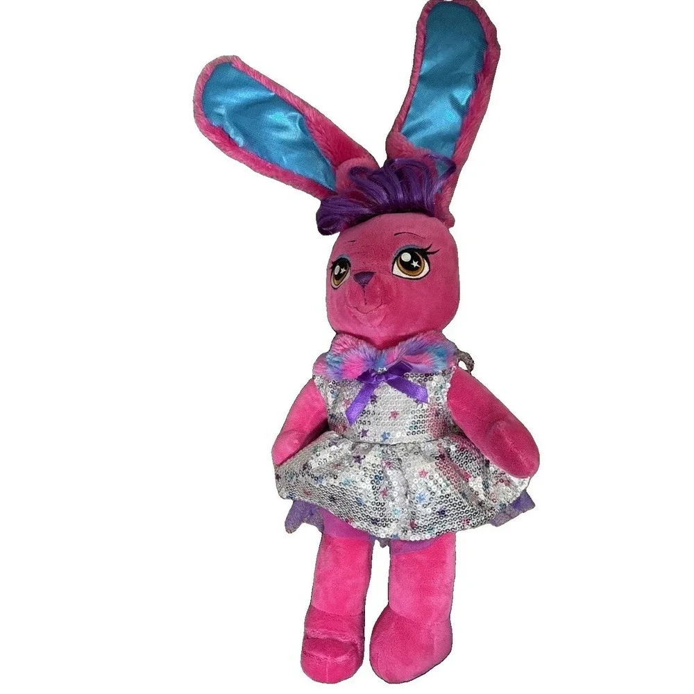 Build-A-Bear Honey Girls Risa Pink Bunny Plush 2018 Silver Sequin Star Dress 20